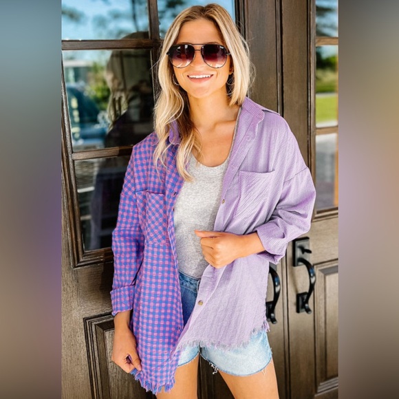 Lightweight Purple & Pink Checkered Plaid Button Down Top, Frayed Hem - Picture 4 of 15